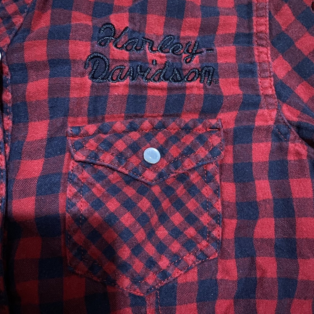 Harley Davidson Women M Red Black Plaid Snap Button Down Corset Tie Back Shirt - Picture 3 of 8